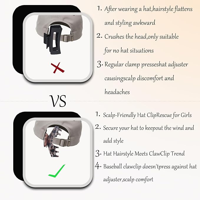 Hat-Friendly Claw Clips for Baseball Caps,Hair Clips for Hat for Long Thick Thin Hair,Matte hat claw clip for Non-Slip Strong Hold