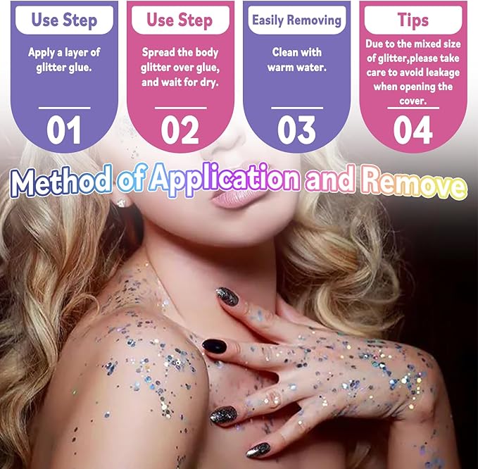 Laza Body Glitter,2 Jars Pink Holographic Chunky Sequins with Glitter Glue Perfect for Women Eyeshadow Makeup Face Paint Festival Rave Outfit Hair Accessories Carnival Party Costumes - Sakura Stardust