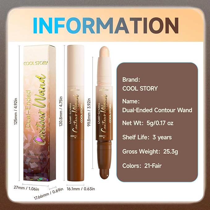 Dual-Ended Contour & Highlight Stick Cream Waterproof Contour Stick, Buildable Formula for Natural Definition and Sculpting, Flawless Cheeks/Jawlines/Nose Contours, creat your better face (Fair)