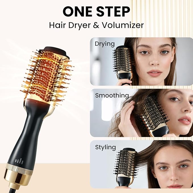 4-in-1 Hair Dryer Brush, Ionic Ceramic Titanium Hot Air Styler with ALCI Safety Plug, 3 Heat Settings for Frizz-Free Blowouts, Salon Volumizer and Straightener (Gold)