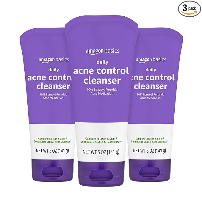 Amazon Basics Acne Treatment Face Wash - Daily Control Cleanser, Maximum Strength 10% Benzoyl Peroxide for Stubborn Breakouts, 5 Ounce (3-Pack)