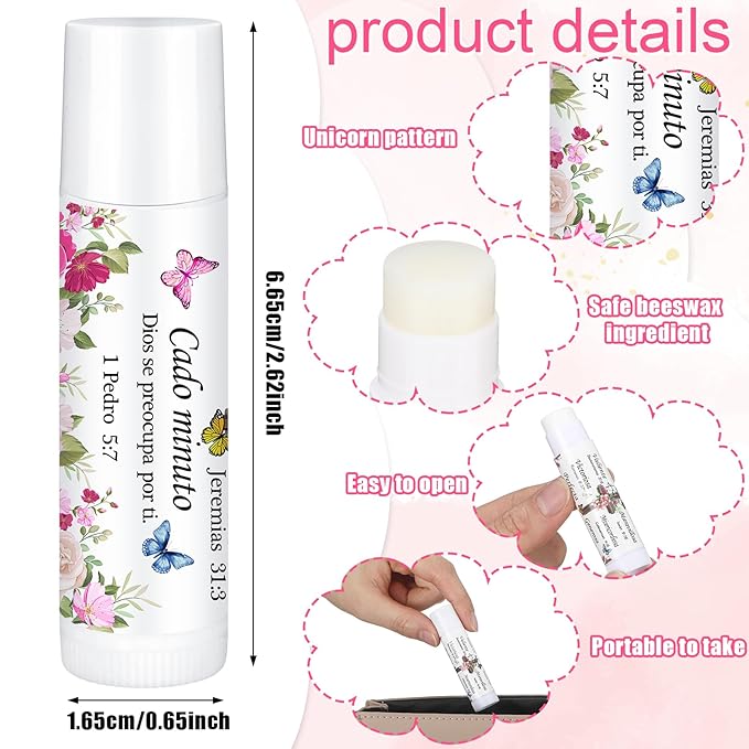 50 Pcs Christian Gifts for Women Spanish Religious Lip Balm Bulk Bible Verse Spanish Mother's Day Gifts for Women Faith Religious Scripture Church Party Favor for Teacher Coworker Employee