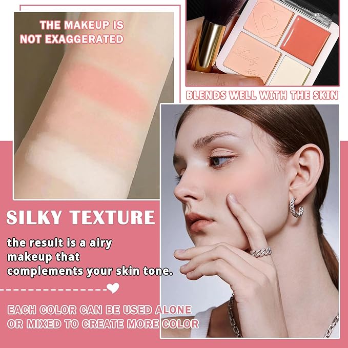 3Pcs 4 Colors Blush Palette for Cheeks with Make Up Brush, Face Matte Contour Blush Makeup Palette, Buildable Shimmer Facial Cheek Blusher Shades, Blendable Cosmetic Makeup Blush