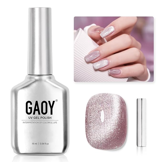 GAOY Pink Glassy Cat Eye Gel Nail Polish, 16ml Glitter Holographic Nail Polish with Magnet, Reflective Translucent UV Gel, 2146 Pink Fireworks