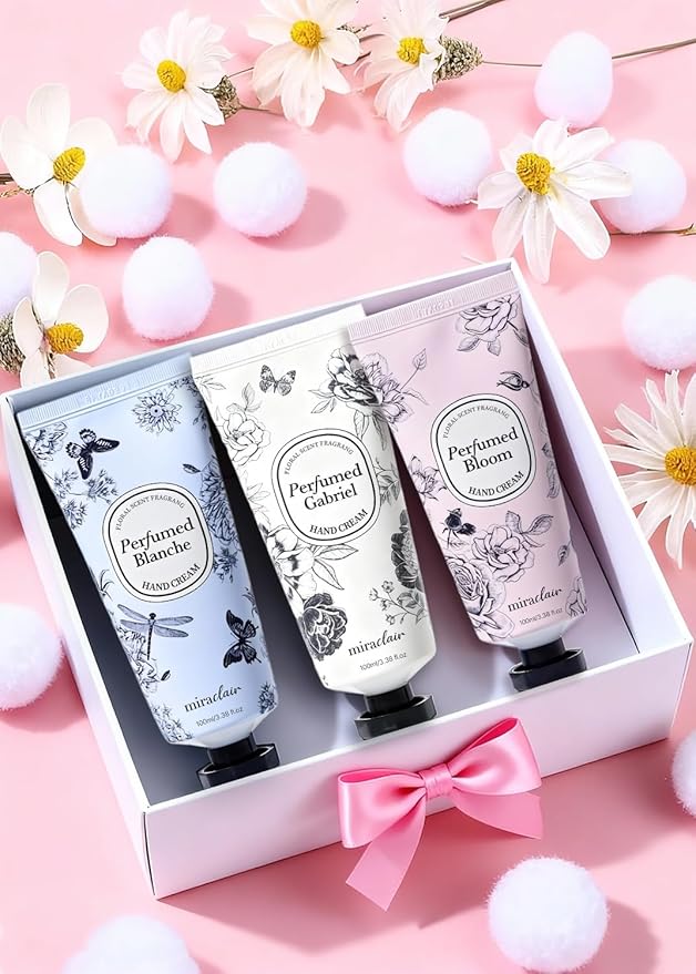 MIRACLAIR Perfumed Hand Cream Set – Long-Lasting Fragrance, Wrinkle Care & Moisturizing, with Shea Butter & Adenosine, Hypoallergenic, 3 Scents (White Floral, Pink Bloom, Musky Floral) – 100ml Each