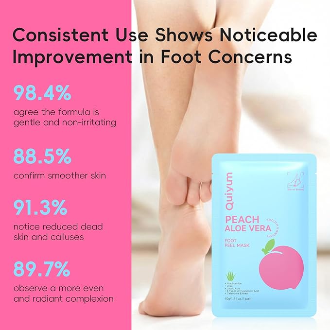 QUIYUM Peach & Aloe Vera Exfoliating Foot Mask, Foot Peeling Mask with Lactic Acid & Urea, Niacinamide & Hyaluronic Acid, for Dry Cracked Feet, Smooth, Glow, Soften, 6 Pairs, Stocking Stuffers