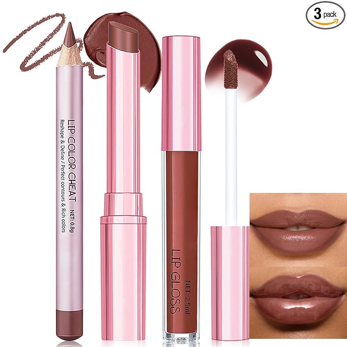 Reddish Brown Lip Combo Set - Matte Lip Liner Pencil, Hydrating Lip Gloss, Long Lasting Matte Lipstick Pen, High Pigment Lightweight Non Sticky High Shine Lip Tint Stain Makeup for Women