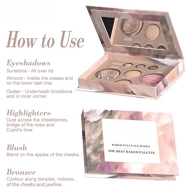 All in One Baked Makeup Palette, Full Size Makeup Set with 3 Eyeshadows, Bronzer, Blush, Matte & Shimmer Highlighter For Women Girls, Travel-Friendly Compact