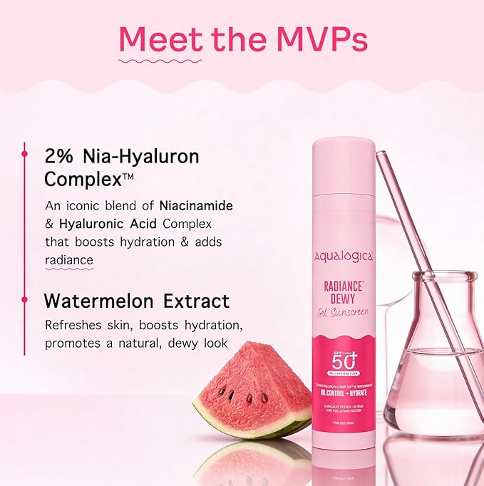 Aqualogica Radiance+ Dewy Sunscreen with Watermelon & Niacinamide with SPF 50 & PA++++ - 50g Broad Spectrum SPF 50+ PA++++ UVA/B & Blue Light Protection Anti-Pollution Factor (APF) Technology