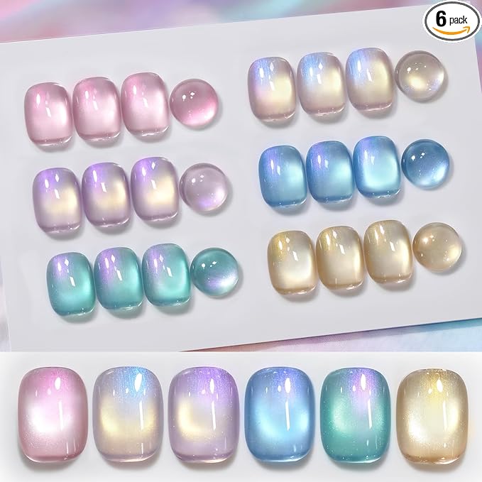 Born Pretty Spring Summer Aurora Cat Magnetic Eye Gel Gel Nail Polish Set 6 Colors Prismatic Siren Holographic Mermaid Cat Magnetic Eye Gel Polish for Nail Art Soak Off U V Gel for Salon Home 7ml