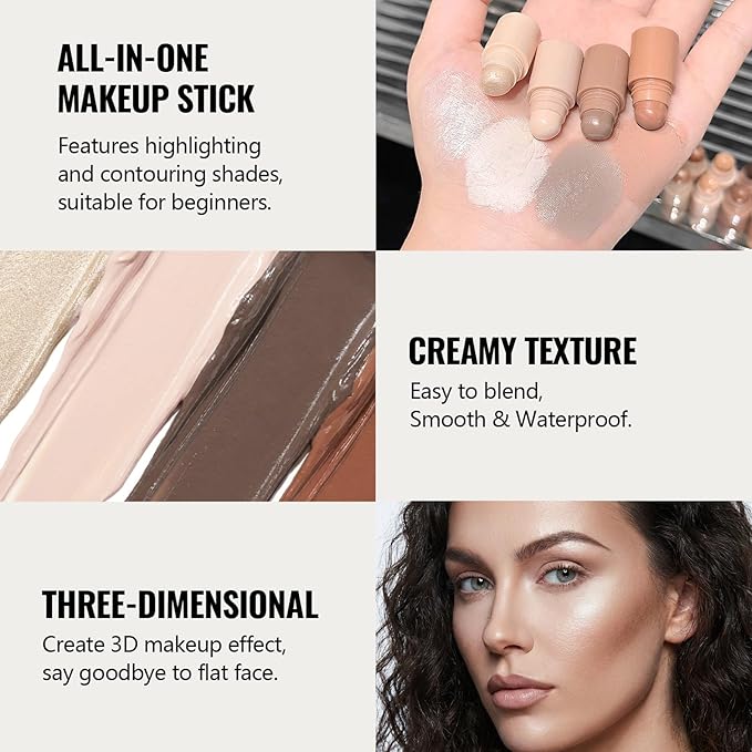 Erinde 4-in-1 Stackable Contour & Highlighter Stick, Creamy Multi-Use Shading & Illuminating Pencil, Cool Tone Grey Brown & Warm Bronzer, Matte & Pearl White Highlight, Travel Makeup Crayon