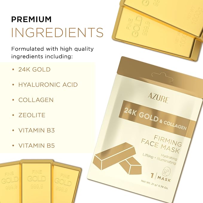 AZURE 24K Gold Face Mask- Anti Aging, Hydrating, Toning Facial Mask - Helps Reduce Wrinkles & Fine Lines with Hyaluronic Acid & Collagen - Skin Care Made in Korea - Pack of 10