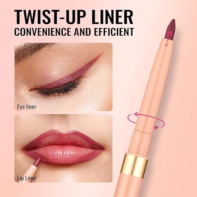 Oulac Pink Retractable Lipliner Pencil 2in1 Waterproof Makeup Crayon for Lip Liner and Eye Liner, Smooth and Creamy, Long Lasting Matte Finish, Vegan Beauty, 05 Dried Rose