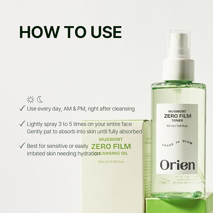 Orien Mugwort Zero Film Toner 5.41 fl.oz. 160ml ㅣpH5.5 Calming, Soothing, Hydrating Spray Toner
