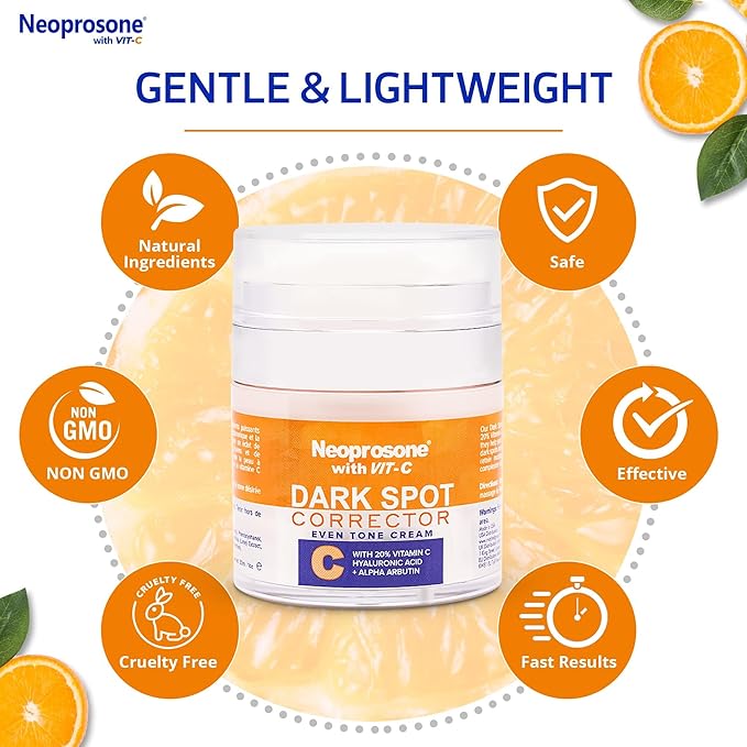 NEOPROSONE 20% Vitamin C Dark Spot Corrector Cream - 1 Fl oz / 30ml - Skin Brightening Gel Cream - with Hyaluronic Acid, Vitamin E