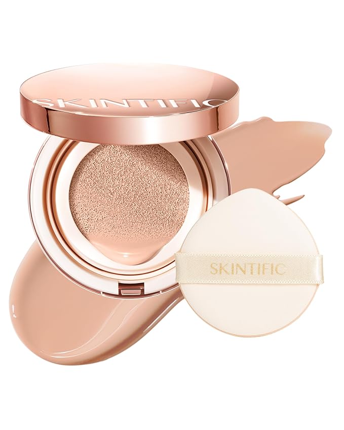 SKINTIFIC Full Coverage Cushion Foundation #22C Peach Beige| Satin Glow Finish, Oil-Control & Waterproof, Buildable Tattoo Cover Cushion for All Skin Types