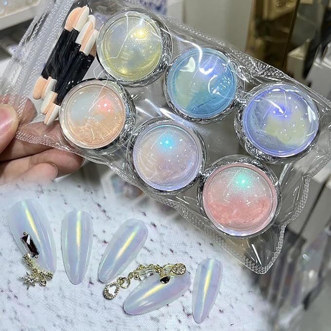 6 Colors Mermaid Chrome Nail Powder, Aurora Iridescent Pearl Art, Mirror Effect Pigment for Gel Polish, Glitter, Supplies for Women, Decoration, Design