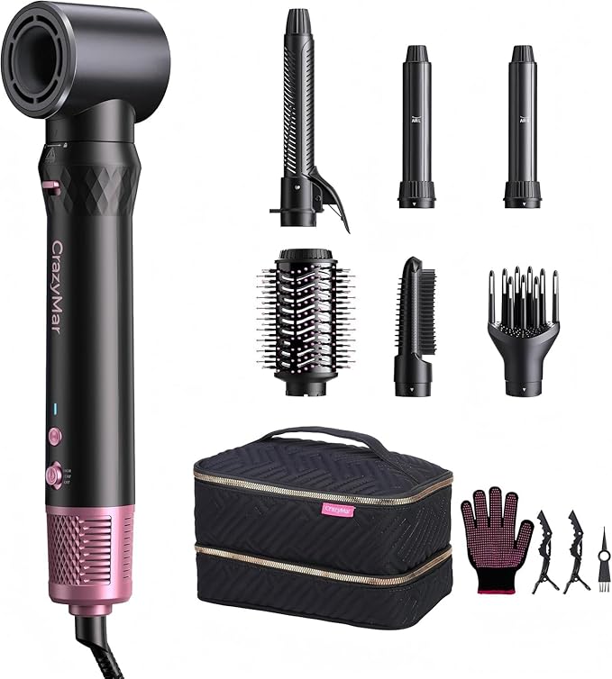 Crazymar airwrap Hair Styler, Fast Drying Blow Dryer & Curling StylingTool, Hot Air Styler No Heat Damage, Hot Air Styler Wrap for Curling Volumizing Straightening Styling (Black and Pink)
