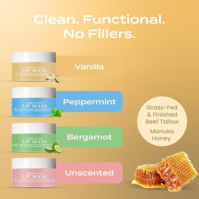 Body Restore Beef Tallow Lip Mask – Fathers Day Gift for Dad from Daughter Son Wife, Hydrating Overnight Lip Treatment with Manuka Honey, Self Care Gifts for Men, Vanilla