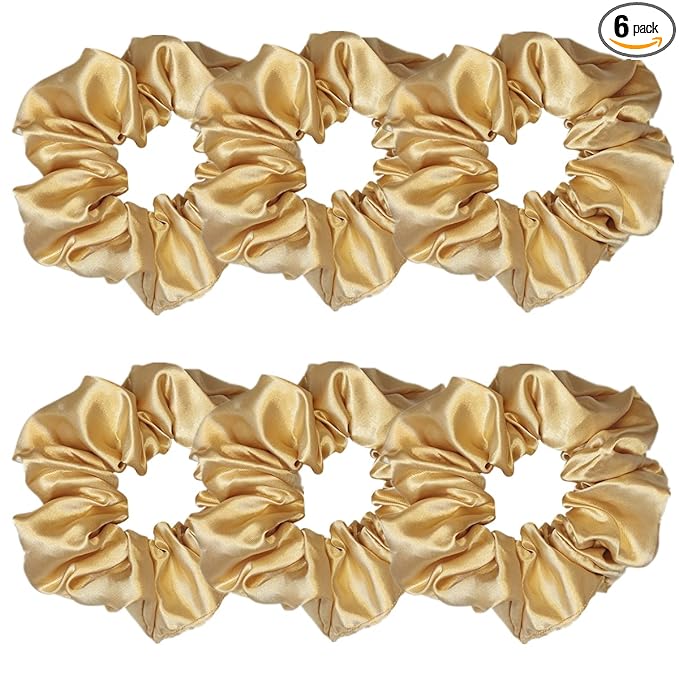 6 Pcs Satin Silk Hair Scrunchies Soft Hair Ties Fashion Hair Bands Hair Bow Ropes Hair Elastic Bracelet Ponytail Holders Hair Accessories for Women and Girls (4.5 Inch, Dark Gold)