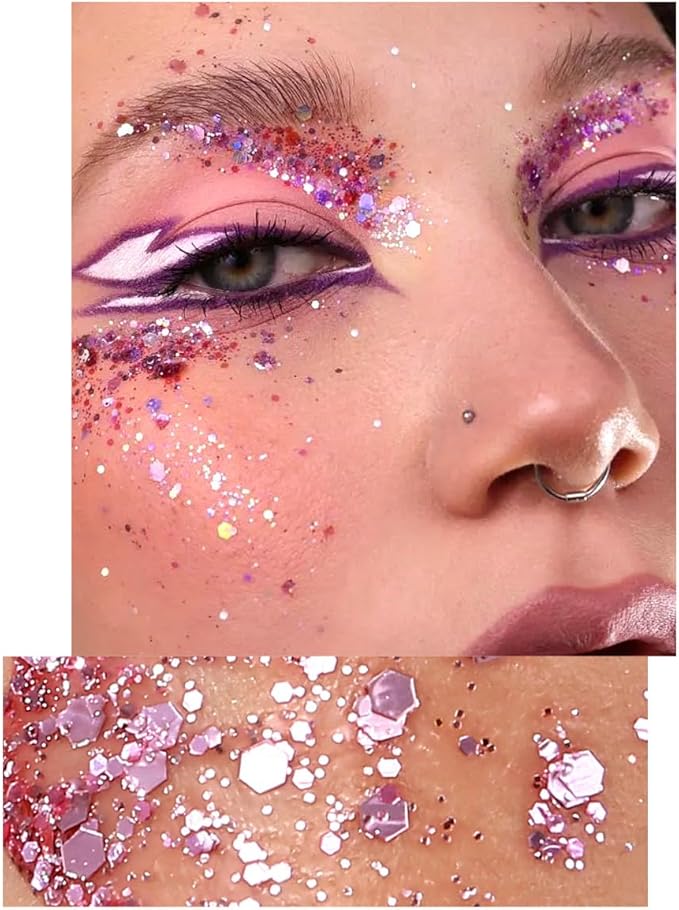 Body Glitter Gel, Mardi Gras Chunky Face Glitter Mermaid Sequins, Sparkly Hair Glitter,Singer Concert Festival Rave Accessories, Halloween Body Painting (#03 Pink)