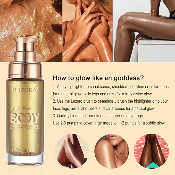 Body Shimmer Oil, Metallic Gold Natural Glow Luminizer, Long Lasting Moisturizing Liquid Illuminator Highlighter Makeup for a Sun-Kissed Glow, Brush Include, 1oz, Light