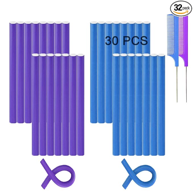 Flexible Curling Rods, 30Pcs Flexirods Long Flexible Heatless Twist Bendable Foam Hair Curls for Long Medium Short Hair, Combs - Rubber, Purple, Blue ( 9.45 x 0.55 inch ), 32 Count