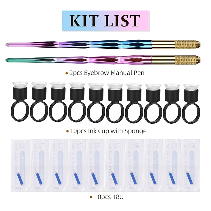 ATOMUS Microblading Pen Kit 2pcs Tattoo Eyebrow Lip Manual Pen 10pcs 18U Eyebrow Microblades 10pcs Pigment Holder with Sponge
