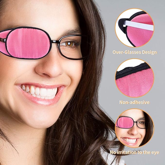 eZAKKA Eye Patches for Adults, Eye Patch for Glasses, Silk Medical Eyepatch for Lazy Eye Patches for Women Amblyopia Strabismus and After Surgery (Peach Pink+Black)