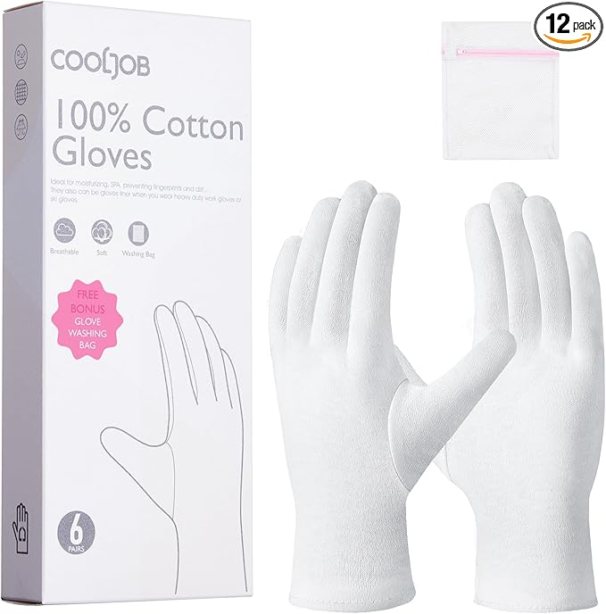 COOLJOB 6 Pairs 100% Cotton Gloves for Dry Hands Moisturizing & Eczema, Overnight Lotion, Sleep & Spa Treatment for Women & Men, Breathable Work Glove Liners, White, Small