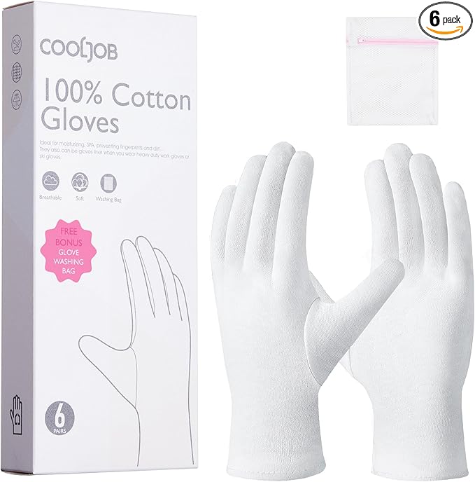 COOLJOB 100% Cotton Gloves, 6 Pairs White Cotton Gloves for Dry Hands Moisturizing & Eczema, Overnight Lotion, Sleep & Spa Treatment for Women & Men, Breathable Work Glove Liners, Medium Size