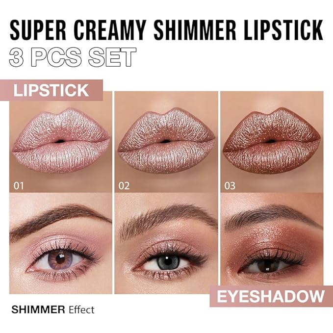 evpct 3Pcs Pink Nude Copper Shimmery Metallic Lip Liner and Lipstick Combo, Cone Tip Lip Crayon for Women Long Lasting Waterproof, Hydrating Lipstick Makeup, Glitter Lips Liner Pencil for Shinny Shade