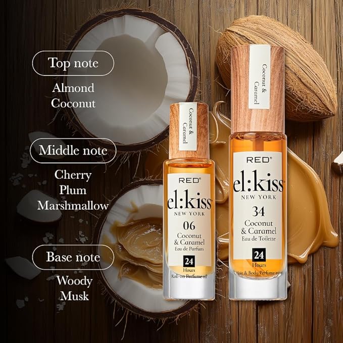 EL:KISS Hair Perfume & Body Mist, Coconut & Caramel Eau de Toilette 30mL (1.01 Fl Oz), Hydrating & Long-Lasting, Alcohol-Free & Mineral Oil-Free, Infused with Jojoba, Argan Oil & Aloe Vera