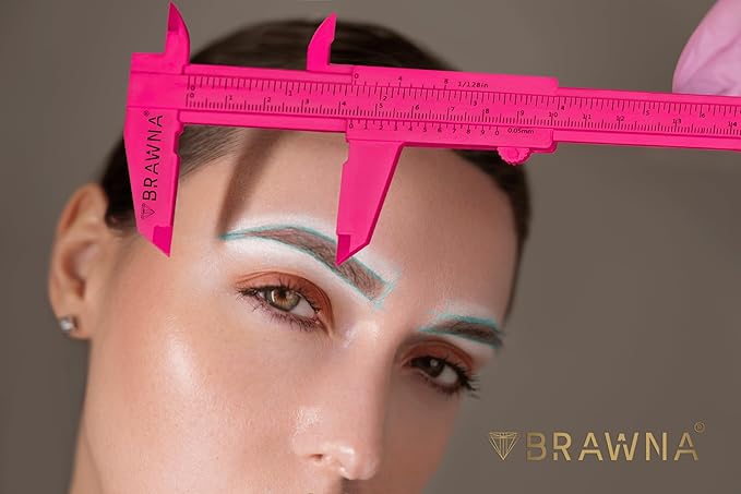 BRAWNA 5 Pcs Brow Pro Measuring Tool with 2 Eyebrow Ruler Stickers - Double Scale Eyebrow Ruler for Microblading, Brow & Makeup Artists - Eyebrow Calipers Ruler Plastic- Pink