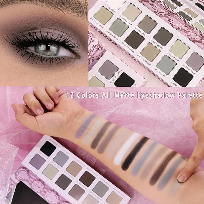 All Matte Neutral Eyeshadow Palette, Cool Toned Grey Smoky Eyeshadow Palette for Hazel Brown Eyes, High Pigmented Mauve Taupe Natural Eye Shadow Pallet for Older Women, Blendable & Long Last,Talc Free