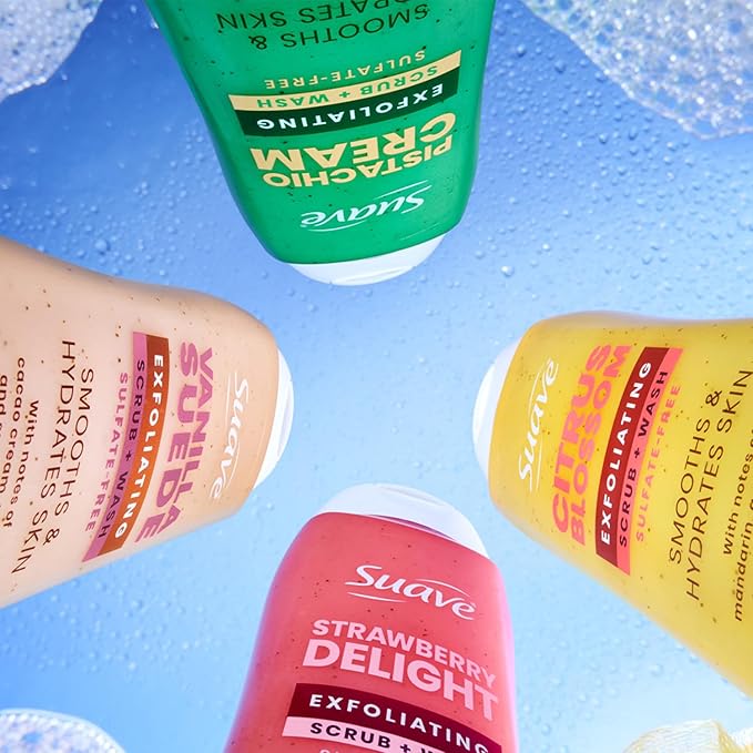 Suave Exfoliating Scrub + Wash Variety 2-Pack – Vanilla Suede & Strawberry Delight, Sulfate-Free Body Wash Set, 18 Oz Ea