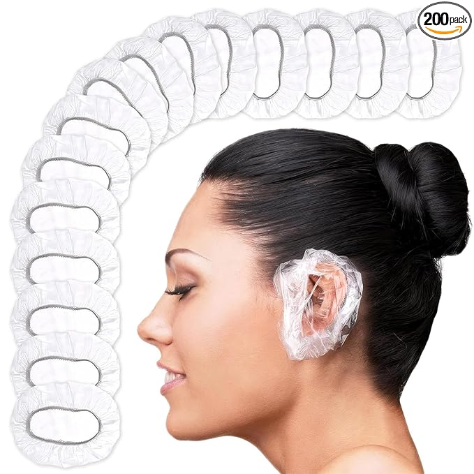 200 Pcs Ear Covers for Shower – 1.97x0.7" Disposable Ear Covers for Hair Dye, Stretchable up to 4.6" – Splash-Resistant, Lightweight Plastic, Comfortable to Wear | Suitable for Home, Spa, and Travel