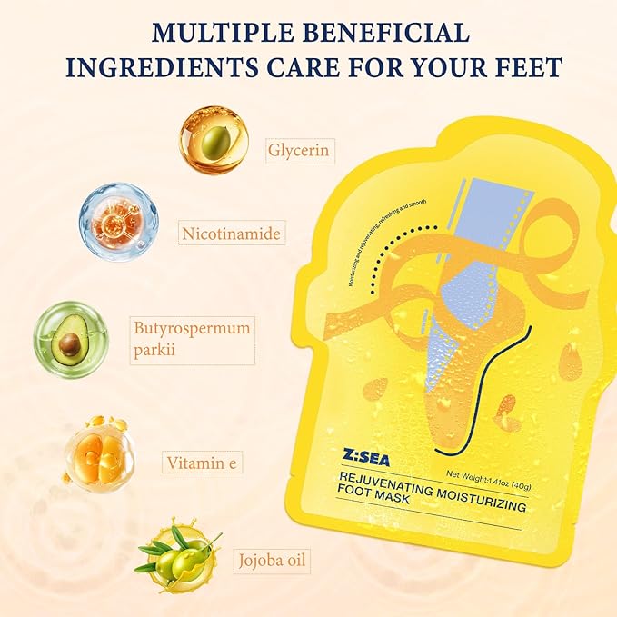 Z:SEA Foot Peeling Mask, Moisturizing & Soothing Exfoliating Foot Socks for Dry, Cracked Heels & Callus Feet, Restoring & Softening Foot Mask with Urea, Shea Butter, Niacinamide & Vitamin E, 5 Pack