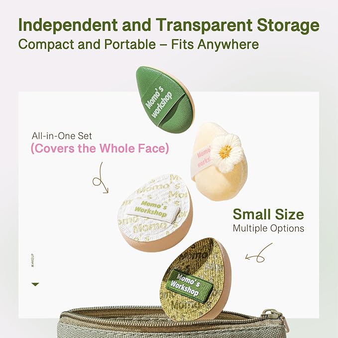 Momo's Workshop Mini Denim Makeup Sponge Set,Mini Makeup Blenders Sponge for Concealer/Blush/Highlighter, Perfect for Detail Work & Travel,4pcs Green Mini Concealer Puffs with Travel Pouch