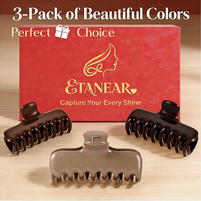 3Pcs Rectangle Hair Claw Clips for Women, 3.8" Premium PC Material Non-Slip Strong Hold Hair Claw for Thick Thin Hair, Durable Comfortable Jaw Clip Large Stylish Hair Accessories Gift Box Set