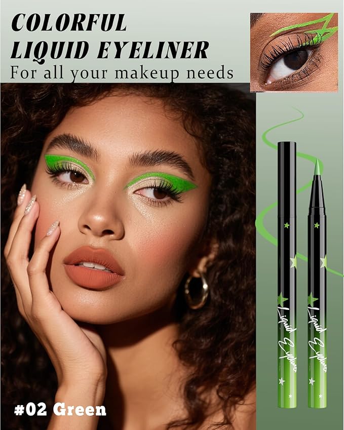 Colored Liquid Eyeliner Pen, Green Waterproof Waterline Matte Eye Liner Pencil, High Pigmented Long Lasting Quick Drying Bright Colorful Eyeliner Pen for Women, Valentine’s Day Eye Makeup Gifts-02