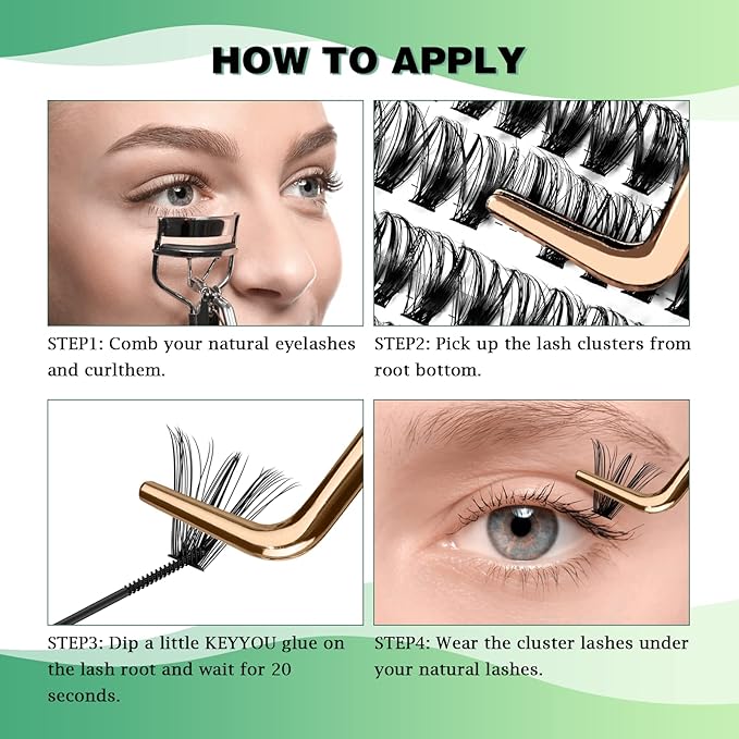 KEYYOU Lash Clusters 300pcs Individual Lashes, 40D 0.07D Curl 10mm DIY Eyelash Extension, Soft & Natural Volume Cluster Lashes with Large Tray