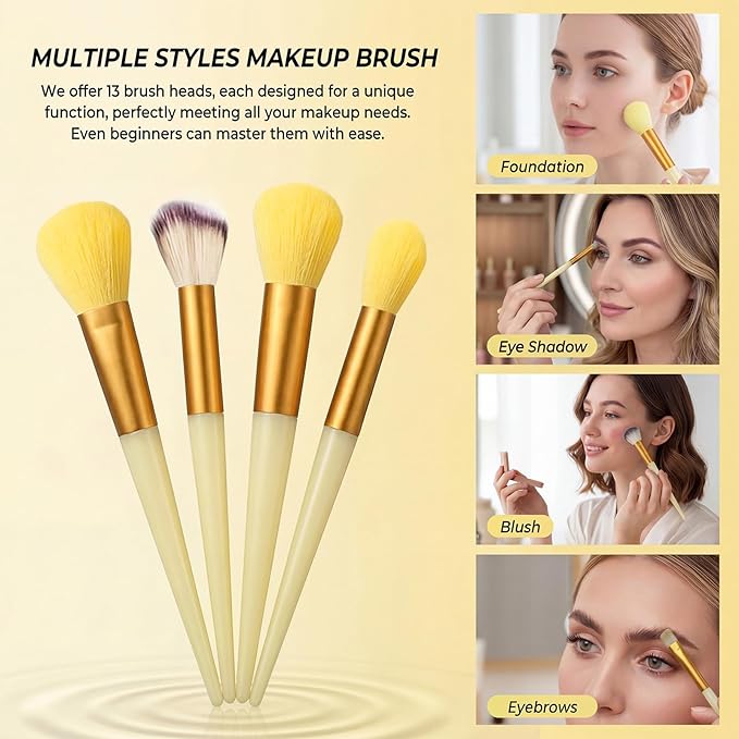 10 Sets Makeup Brushes with 13 Travel-Size Brushes & Pouch, Professional Mini Face Brush Set for Daily Makeup, Parties, Travel(10pc,yellow)