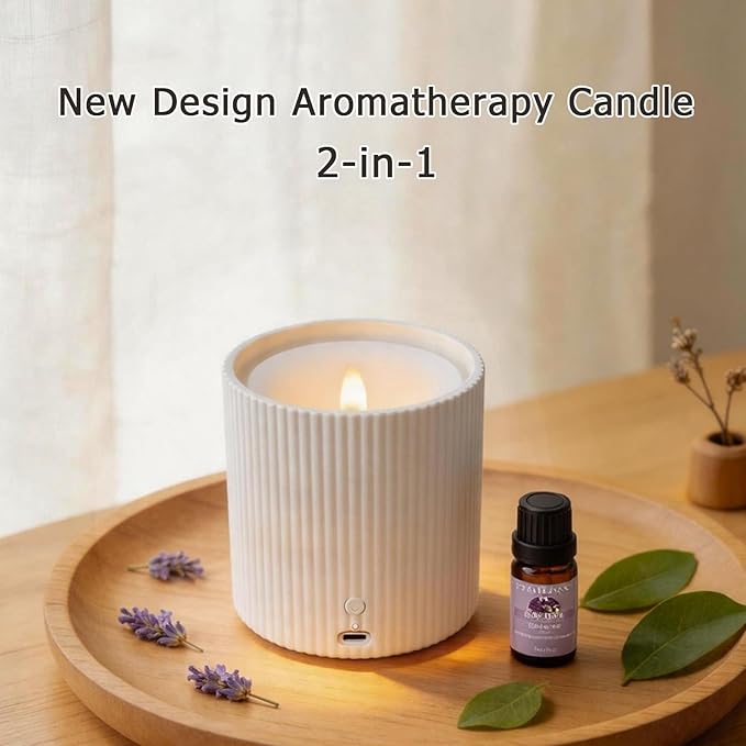 2 in 1 Waterless Essential Oil Diffuser and 3D Wick and Realistic Flame Candle,Flameless Candle Diffuser,USB Power Supply LED Candle Waterless Diffuser 12PCS Cotton Pads(No Rechargeable Battery)