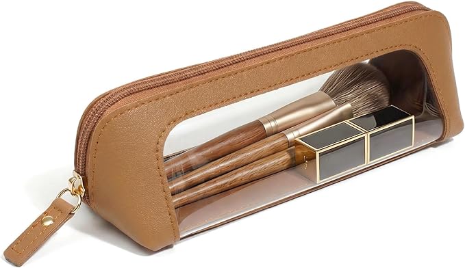 Clear Makeup Bag,PU Leather Mini Makeup Pouch Portable Makeup Brush Case Transparent Waterproof Cosmetic Organizer Pouch with Zipper for Women Home Travel Office Car Organizer and Storage(Slim, Brown)