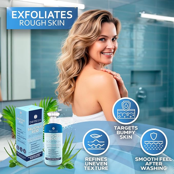BELLISSO Salicylic Acid Body Wash - Men's and Women's Exfoliating Liquid Soap for Back Acne and KP - For Oily and Sensitive Skin - Sulfate Free Formula - 16 Fl Oz