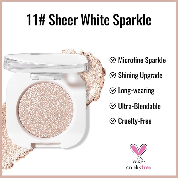 Erinde Sheer White Sparkle Shimmer Single Eyeshadow, Metallic Glow Glitter Cream Eye Shadow, Monochrome Eyeshadow Palette Makeup, Waterproof Sombras para Ojos, Vegan & Cruelty-Free, 11
