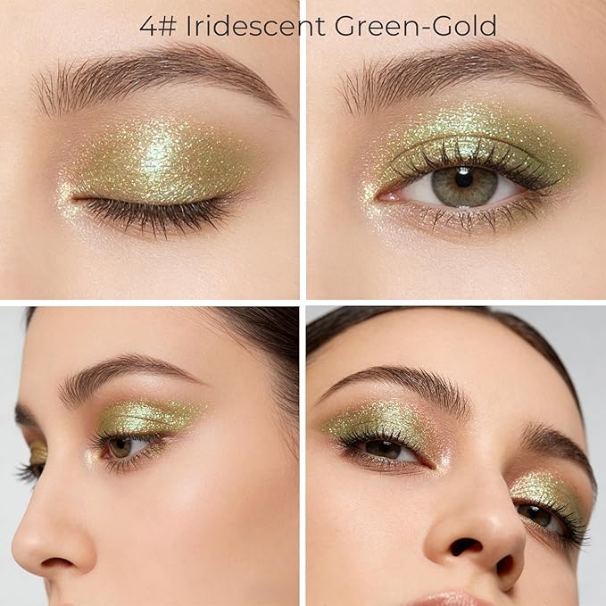 Duochrome Glitter Eyeshadow, Ultra-Fine Color Shifting Metallic Shimmer, High Pigment Holographic Single Eye Makeup, Long Lasting & Buildable Eye Shadow (#4 Iridescent Green-Gold)