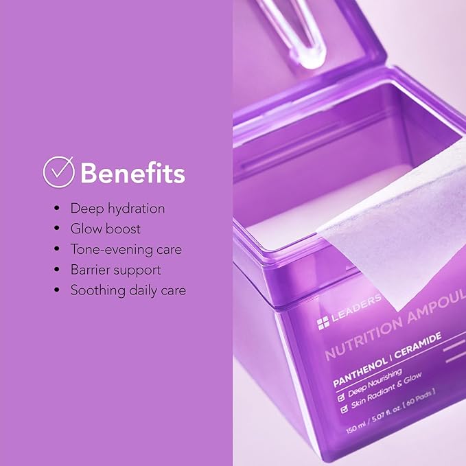 LEADERS Nutrition Ampoule Toner Pad - Deep Nourishing Hydrating for Glowing Skin | Vegan-Certified | Korean Skincare 60 Pads x 150ml