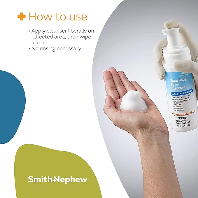 Smith & Nephew 59430200 SECURA Total Body Foam Cleanser, Foaming Waterless Body Cleanser, 4.5 Ounces